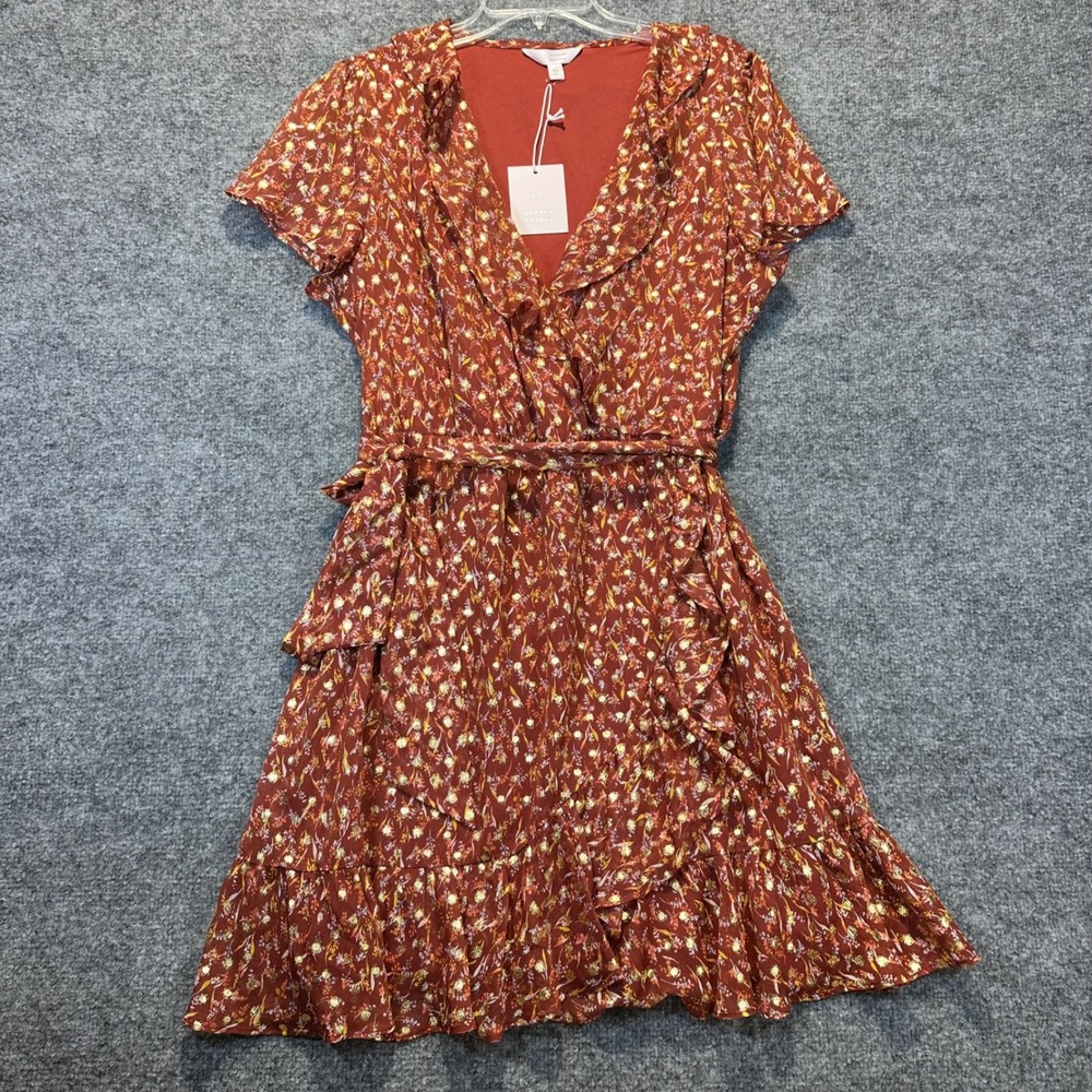 LC Lauren Conrad Wrap Dress Womens XL Rust Floral Metallic Boho Ruffle Mini